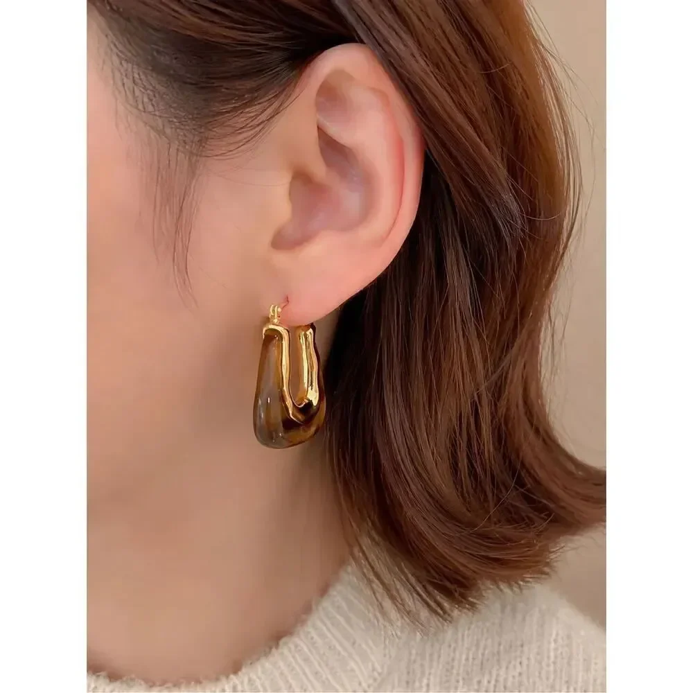 Brown Resin Gold Tone Geometric Hoop Earrings Statement Retro Modern Chic